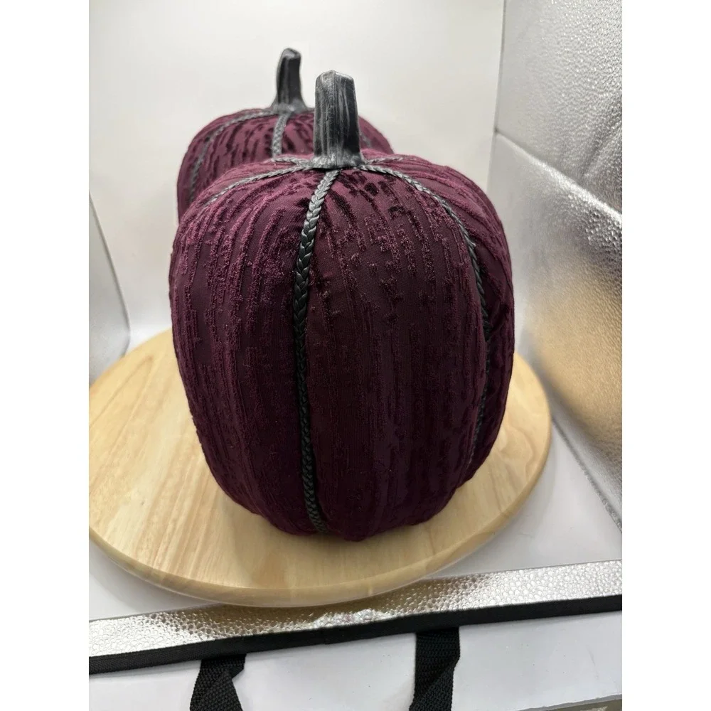 Set of 2 Halloween Fabric Pumpkin Figurines Purple Black Braid Detail 10 in